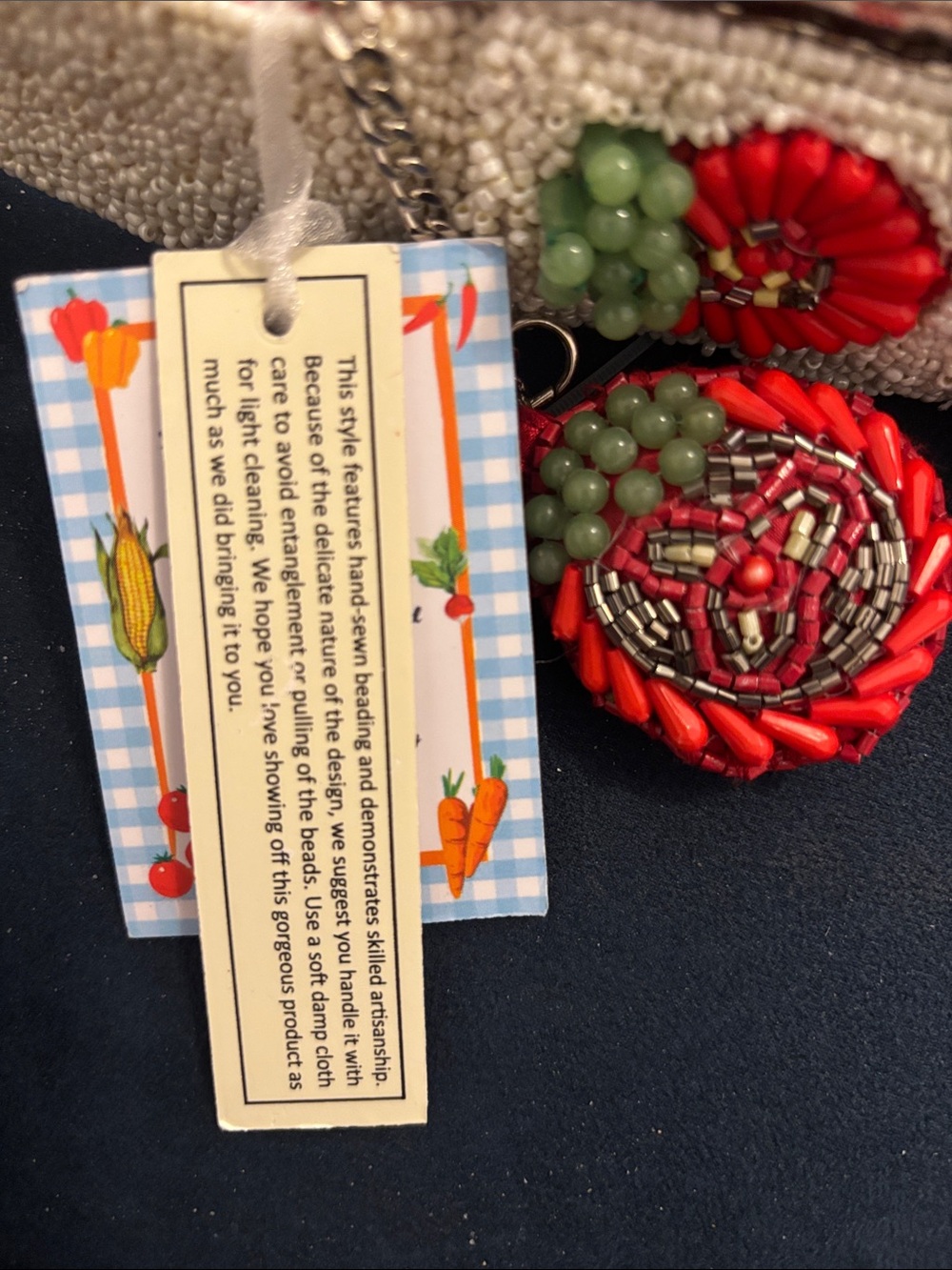 NWT Viral Handcrafted in India Tomato Beaded Bag with Tomato Bag Charm Gingham - Picture 4 of 9